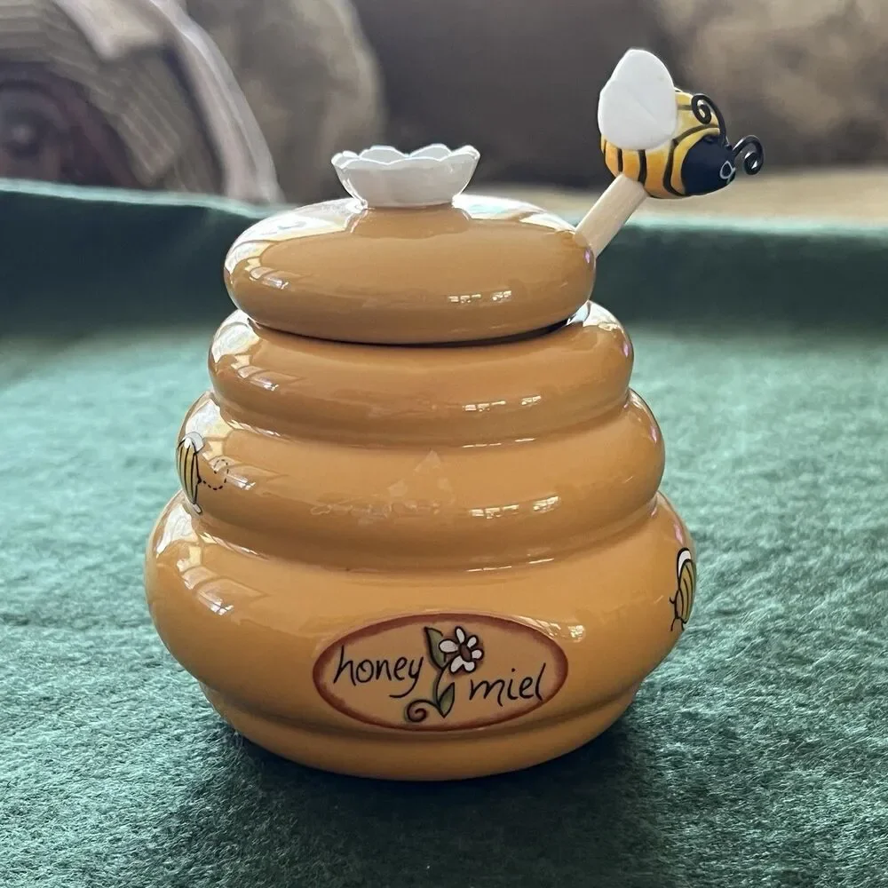 Mini Honey Pot Ceramic Jar & Wood Dipper Joie MSC Beehive with Bee Dipper